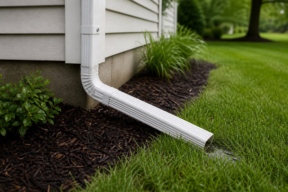 new white downspout moving rainwater away from a home foundation