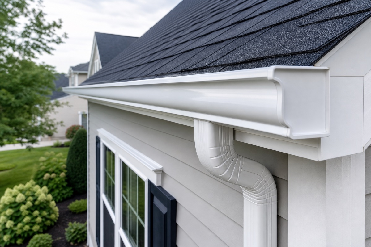 white seamless aluminum gutter installed on a residential roof edge